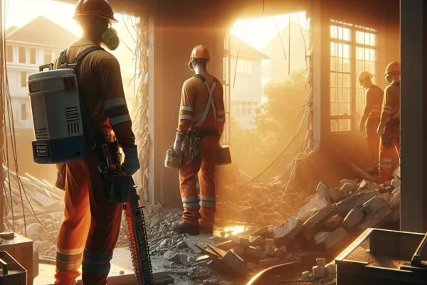 Gut renovation - Professional demolition crew in hard hats and safety gear at