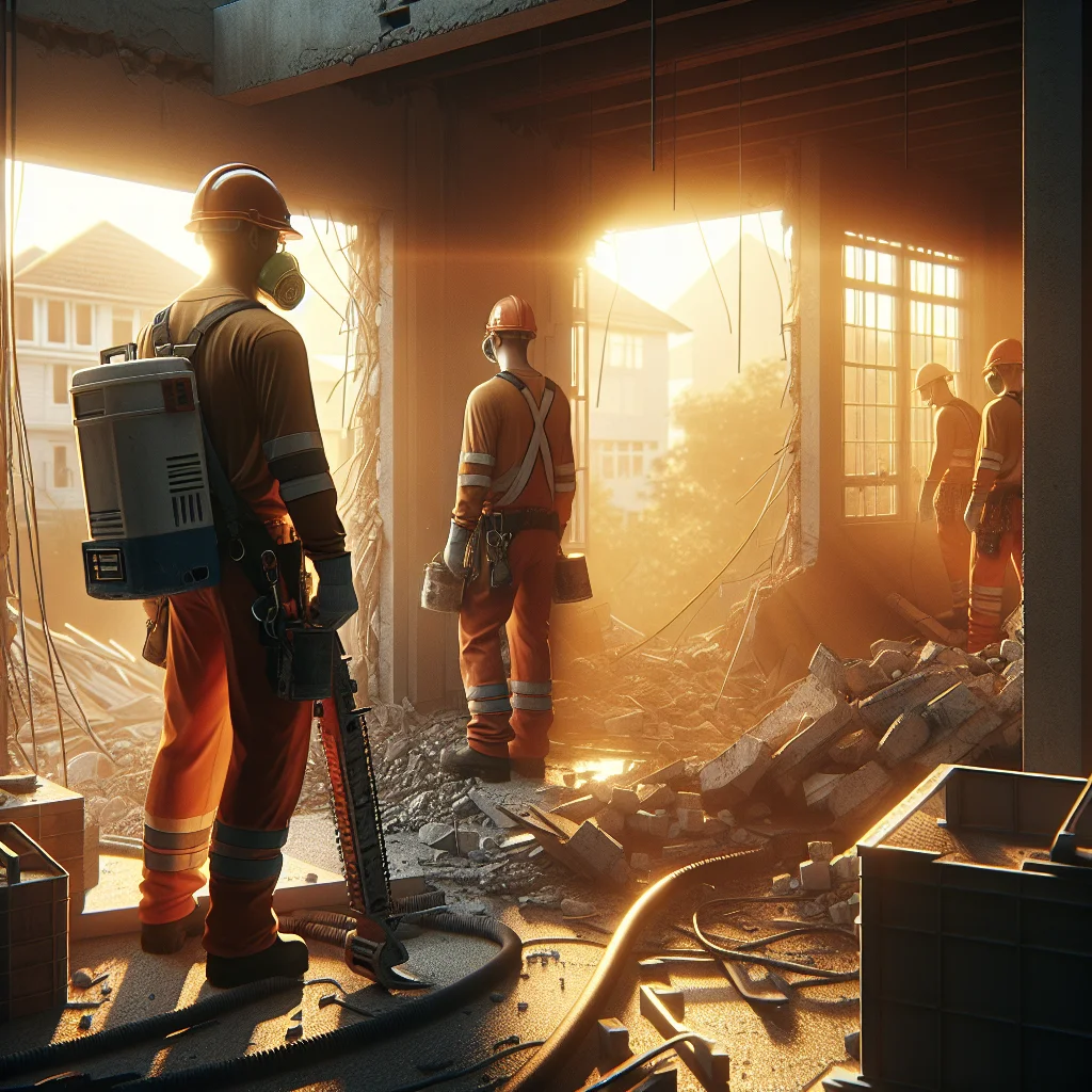 Gut renovation - Professional demolition crew in hard hats and safety gear at