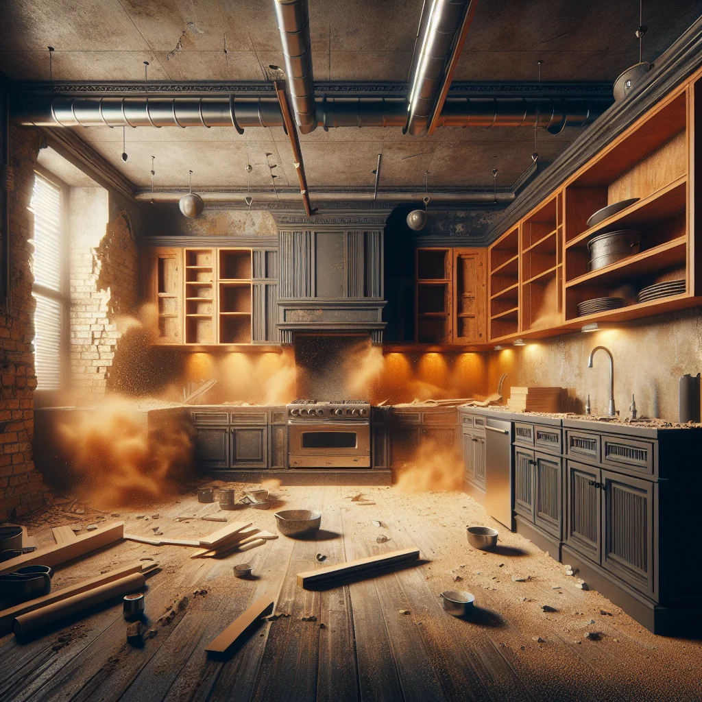 Gut renovation - Close-up of residential kitchen being professionally demolished, exposed studs and