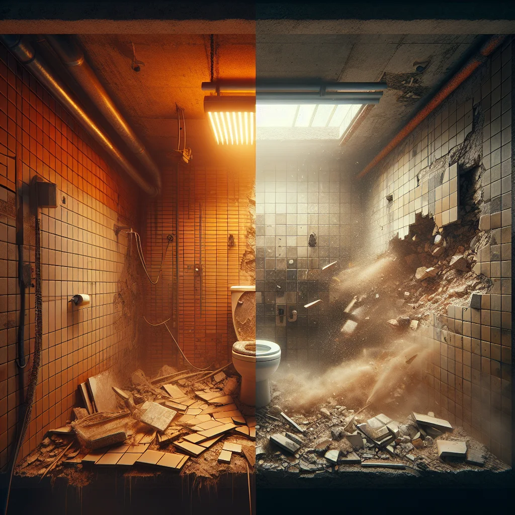 Gut renovation - Before and after split view of a bathroom demolition project,