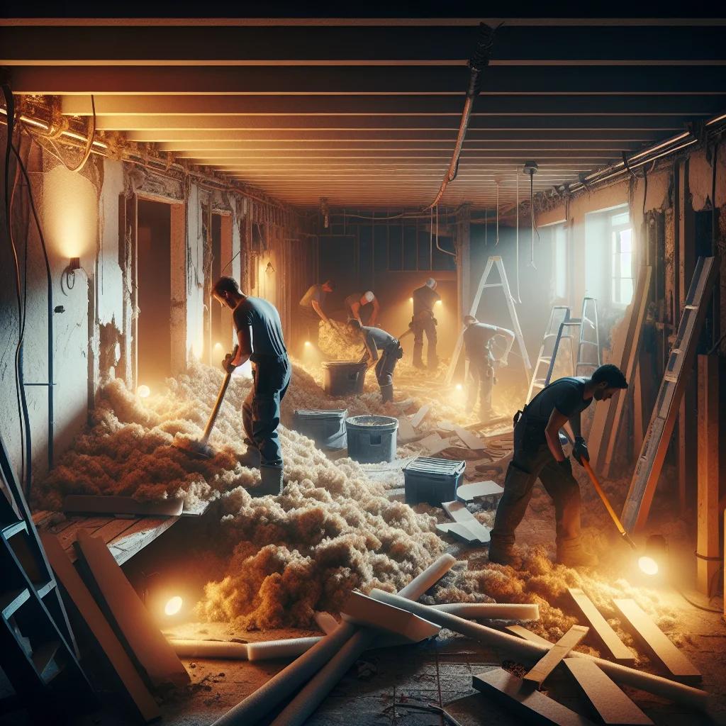 Gut renovation - Residential basement gut in progress, workers removing old insulation and