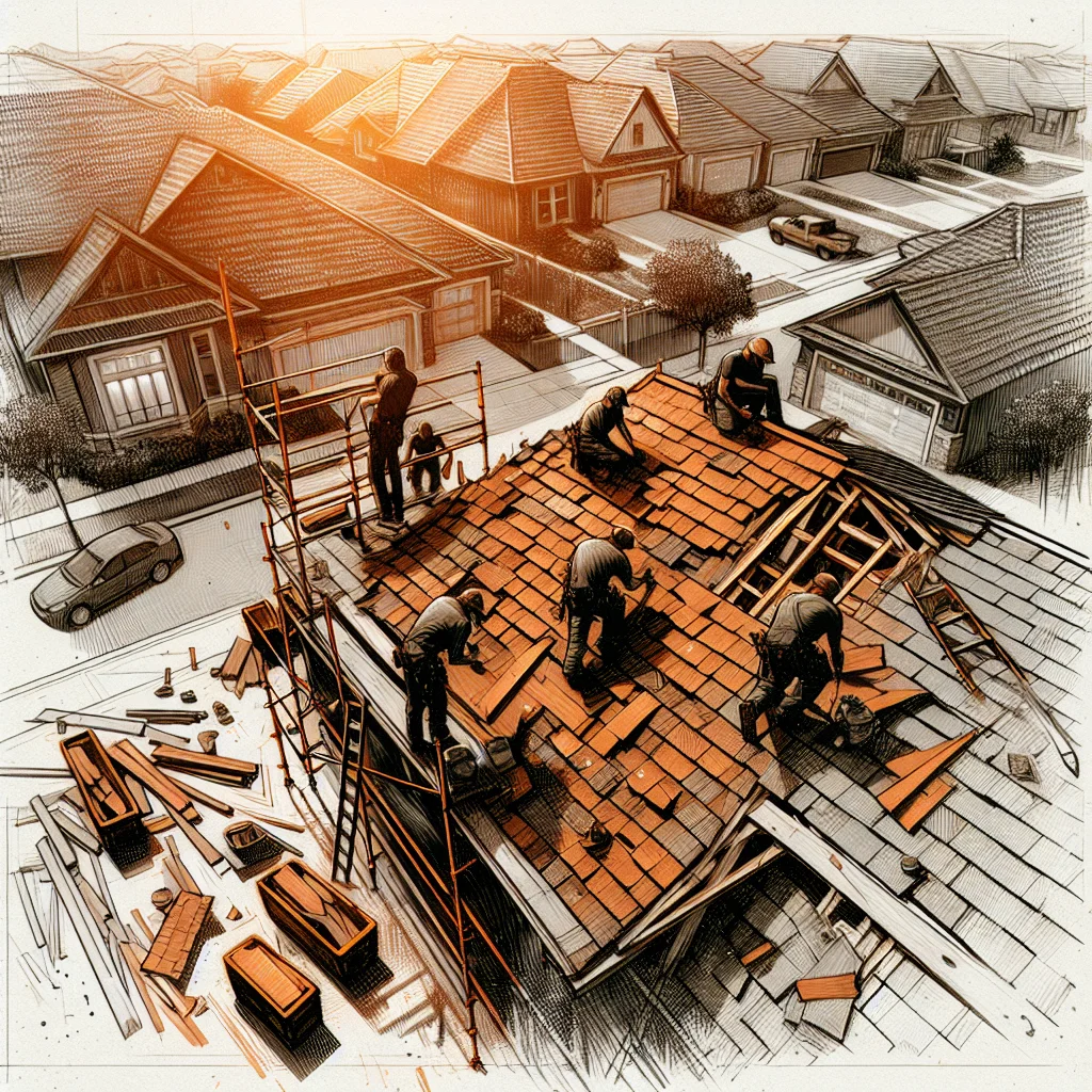 Gut renovation - Aerial view of a residential roof tear-off in progress, workers