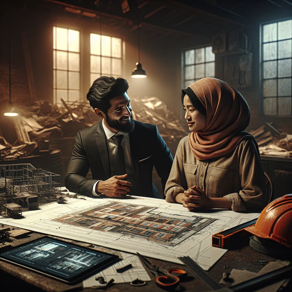 Gut renovation - Homeowner and demolition contractor reviewing project plans together at a