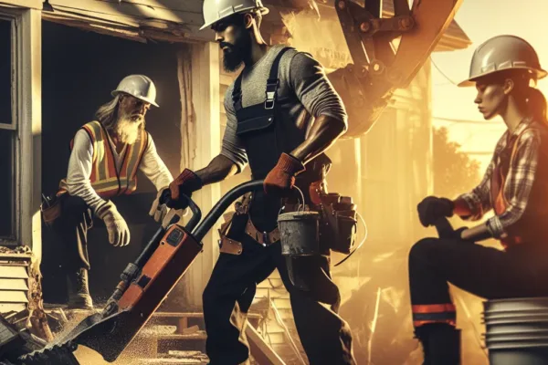 Kitchen demolition costs - Professional demolition crew in hard hats and safety gear at