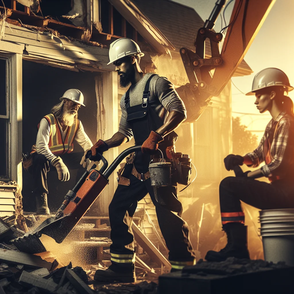 Kitchen demolition costs - Professional demolition crew in hard hats and safety gear at
