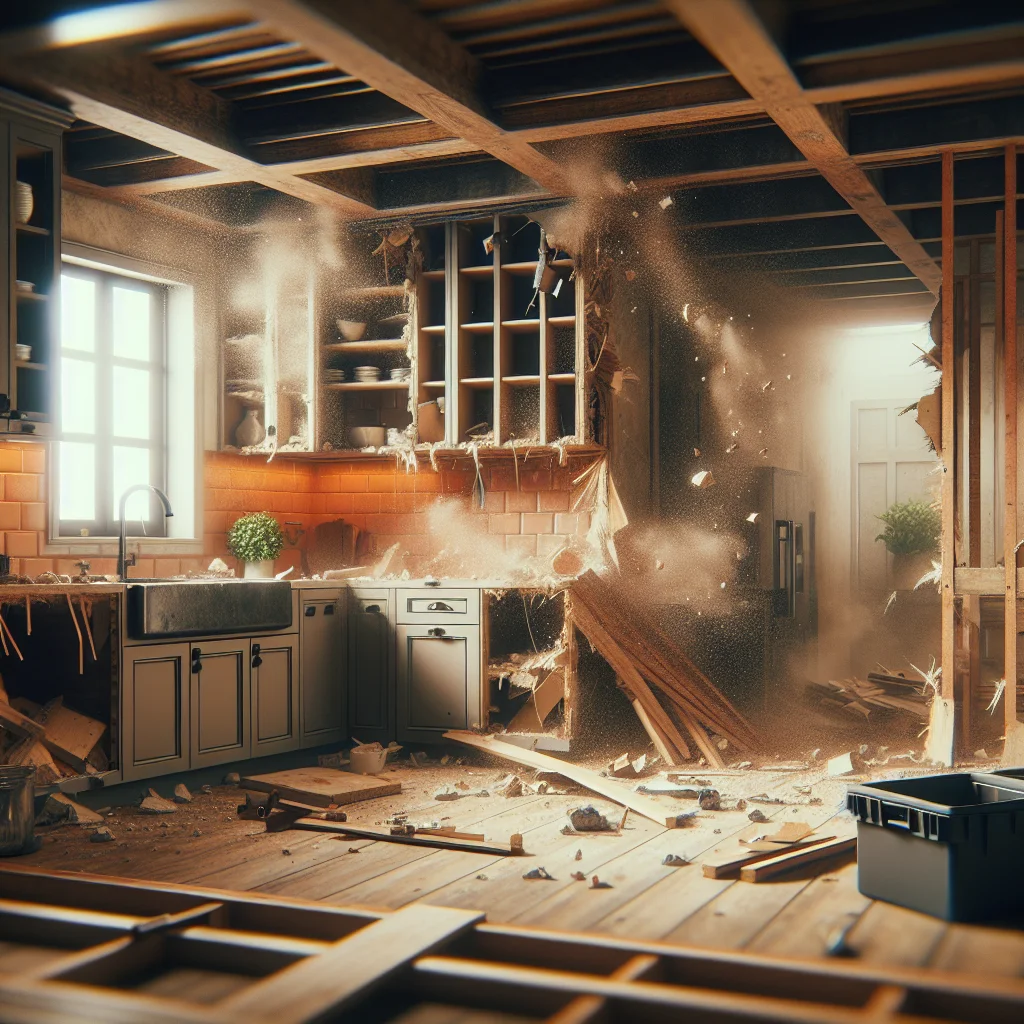 Kitchen demolition costs - Close-up of residential kitchen being professionally demolished, exposed studs and