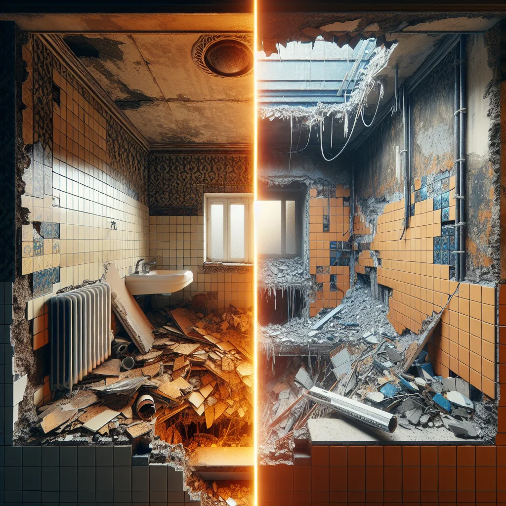 Kitchen demolition costs - Before and after split view of a bathroom demolition project,