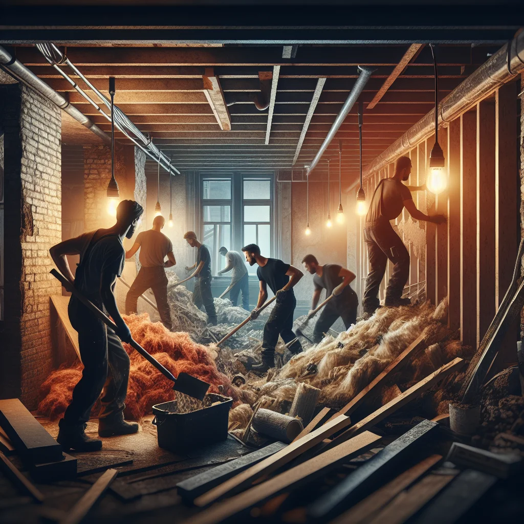 Kitchen demolition costs - Residential basement gut in progress, workers removing old insulation and