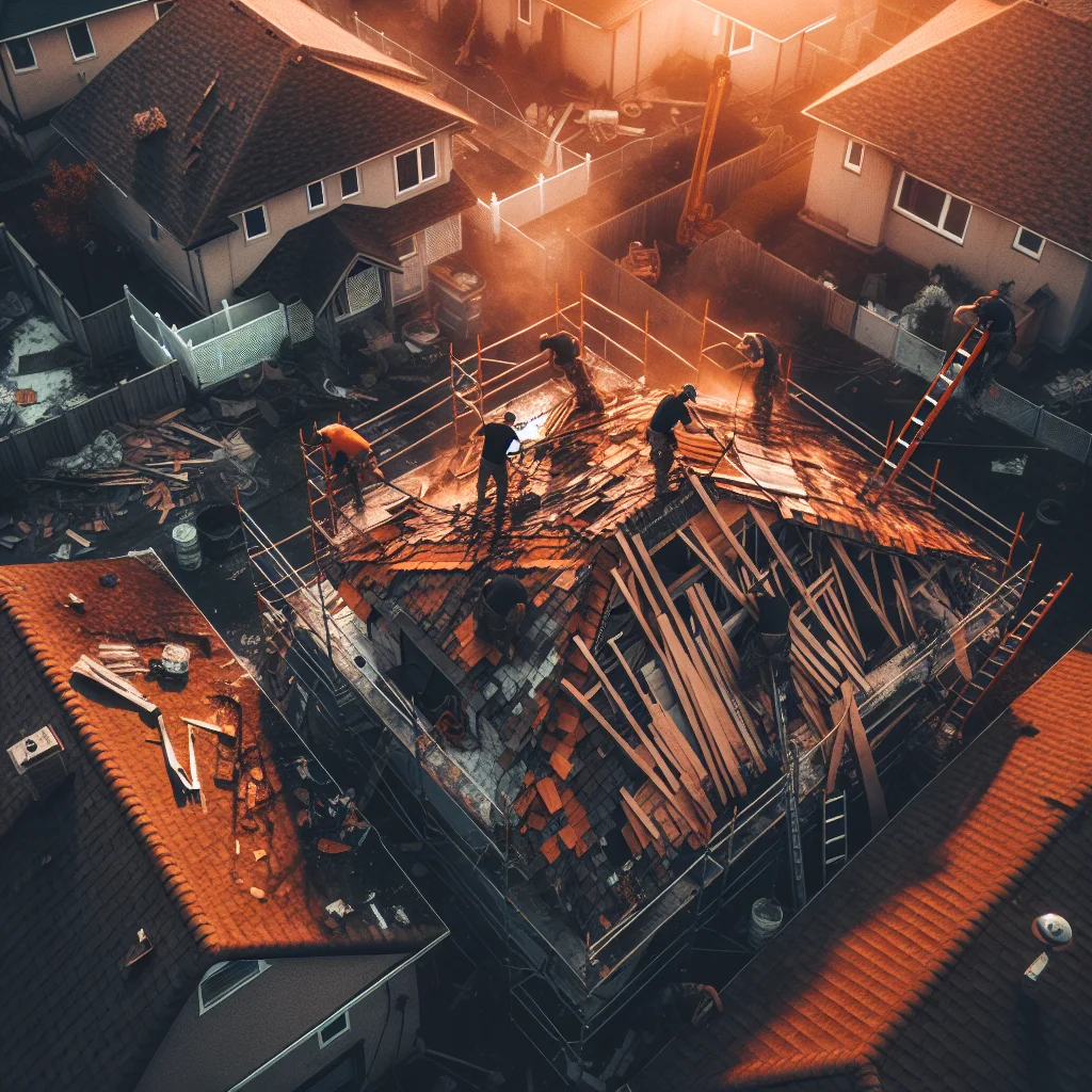 Kitchen demolition costs - Aerial view of a residential roof tear-off in progress, workers
