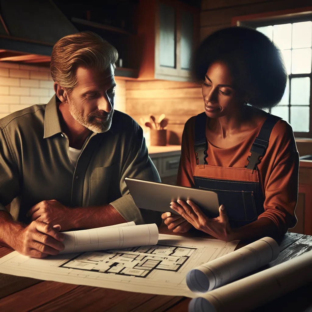 Kitchen demolition costs - Homeowner and demolition contractor reviewing project plans together at a