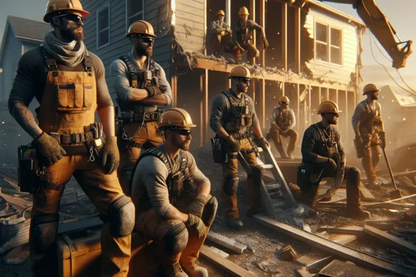 Flooring removal additions - Professional demolition crew in hard hats and safety gear at