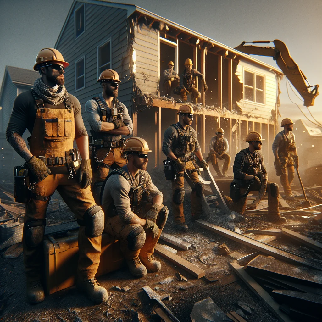 Flooring removal additions - Professional demolition crew in hard hats and safety gear at