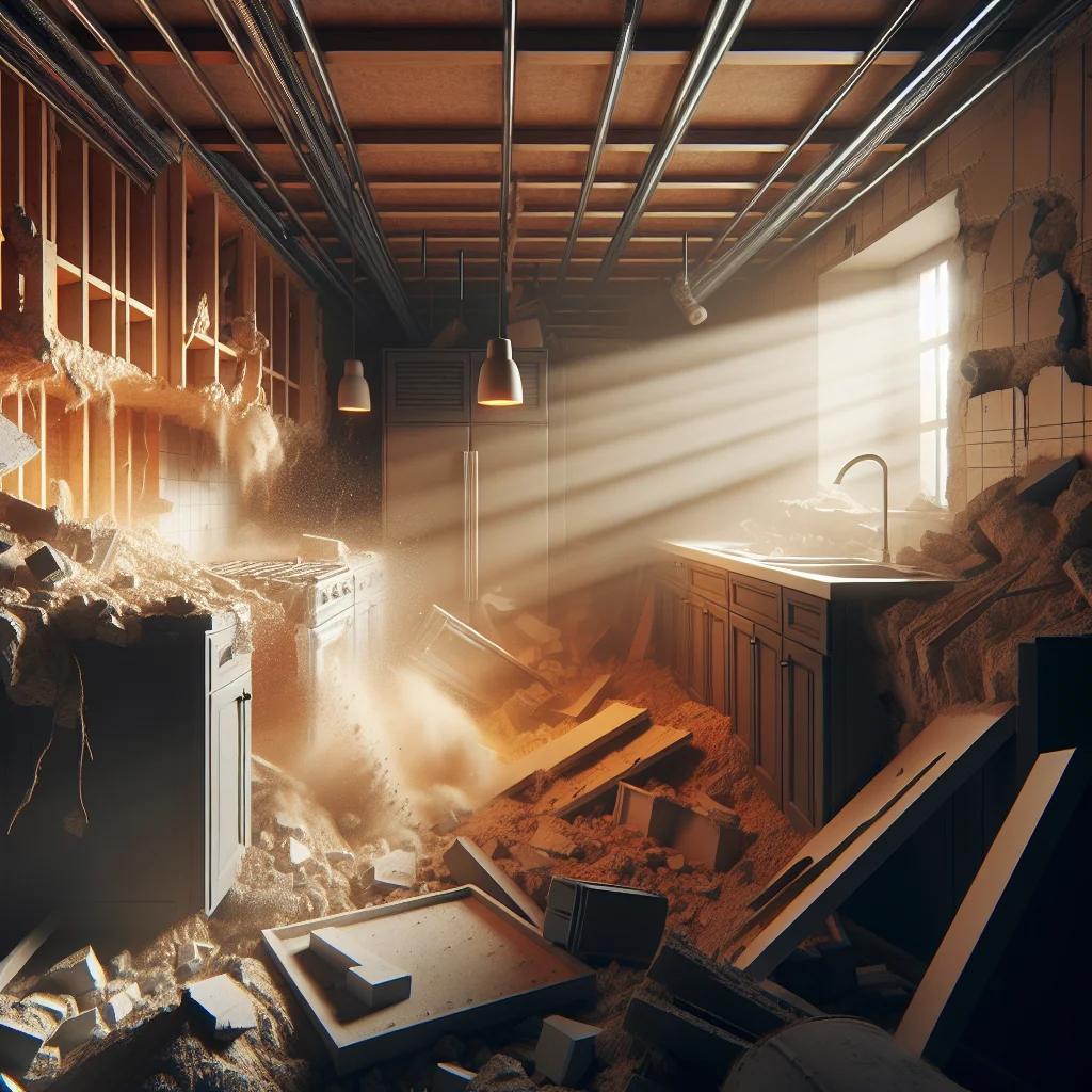 Flooring removal additions - Close-up of residential kitchen being professionally demolished, exposed studs and