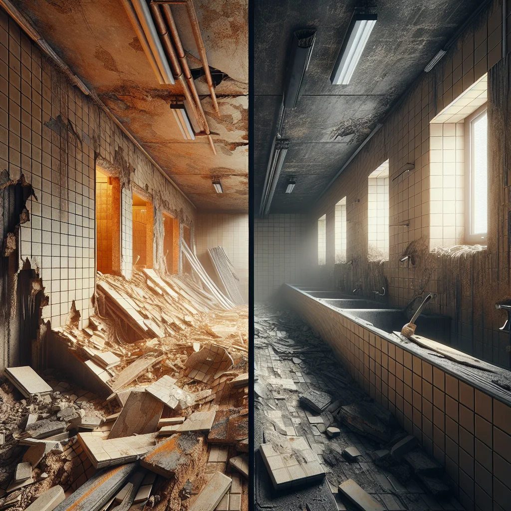 Flooring removal additions - Before and after split view of a bathroom demolition project,