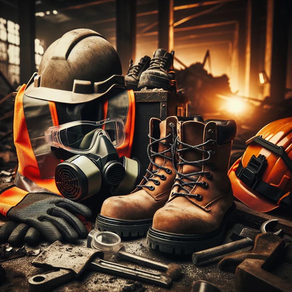 Flooring removal additions - Demolition safety equipment laid out — hard hat, safety glasses,