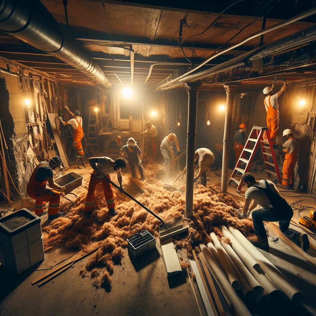 Flooring removal additions - Residential basement gut in progress, workers removing old insulation and