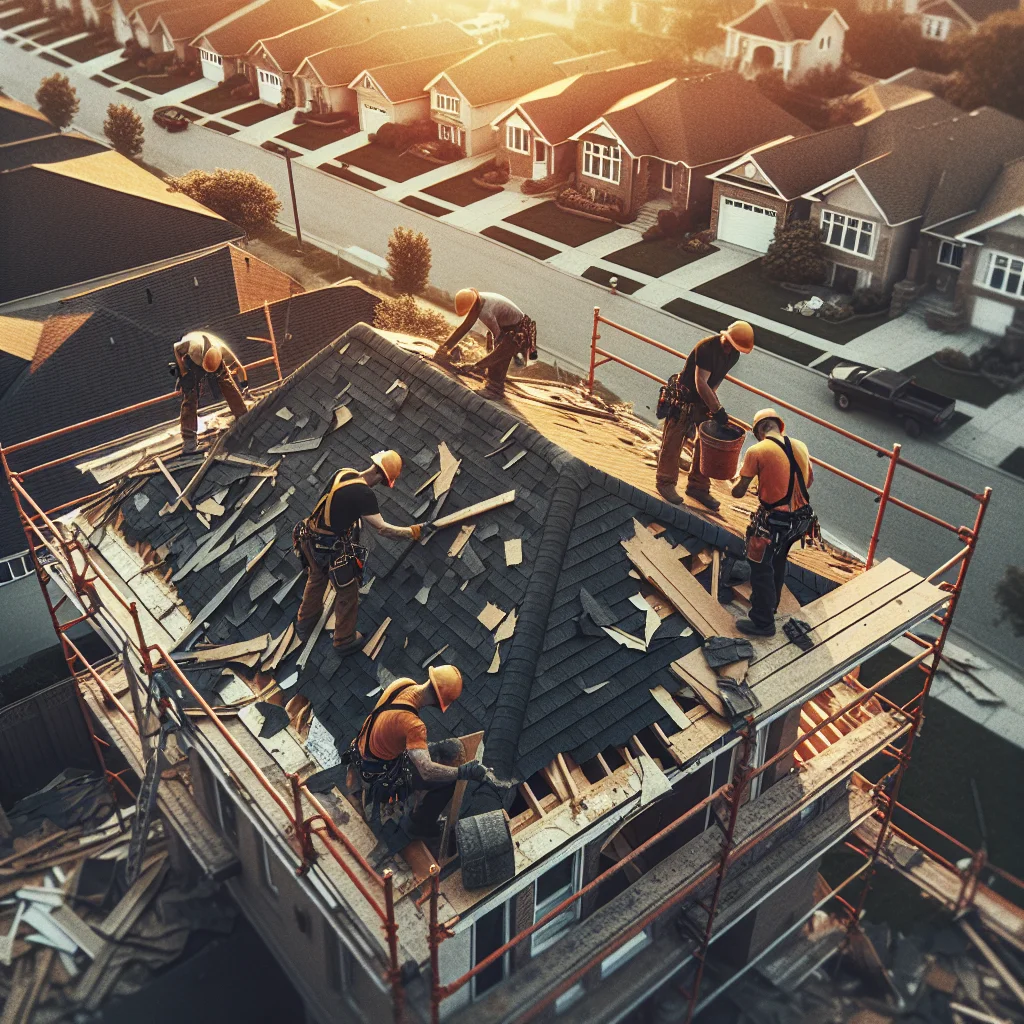 Flooring removal additions - Aerial view of a residential roof tear-off in progress, workers