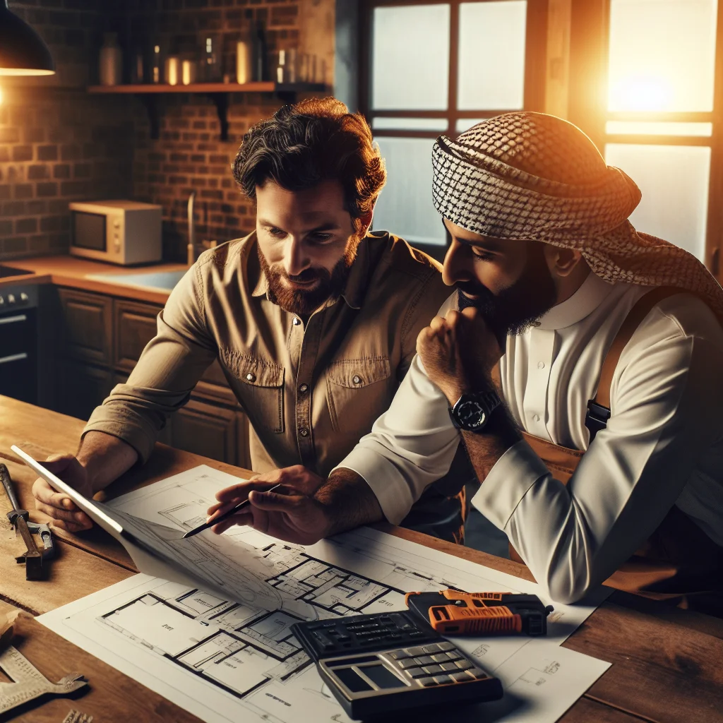 Flooring removal additions - Homeowner and demolition contractor reviewing project plans together at a