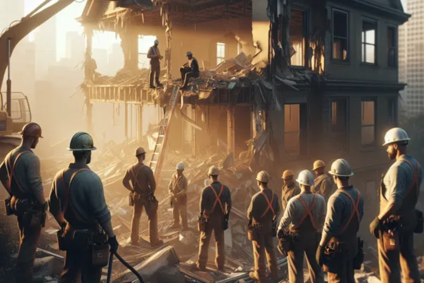 Residential demolition costs - Professional demolition crew in hard hats and safety gear at