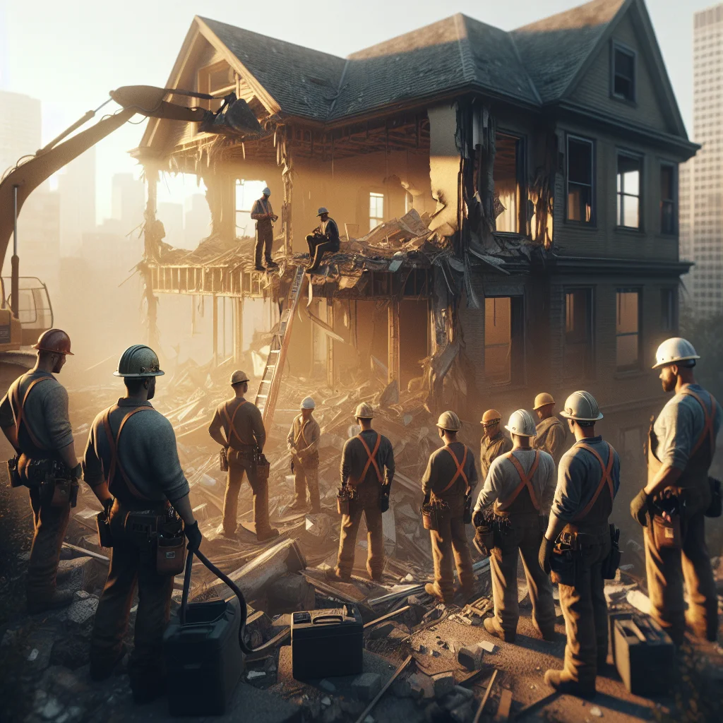 Residential demolition costs - Professional demolition crew in hard hats and safety gear at