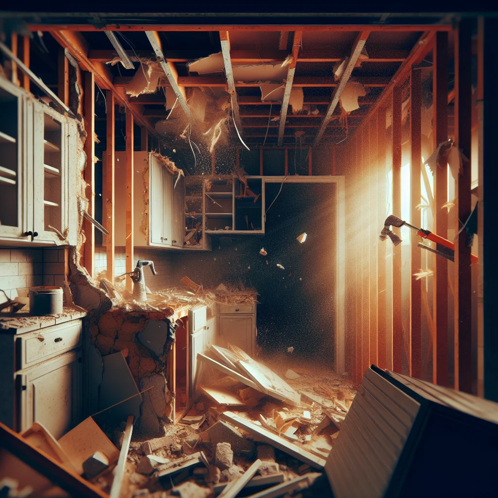 Residential demolition costs - Close-up of residential kitchen being professionally demolished, exposed studs and