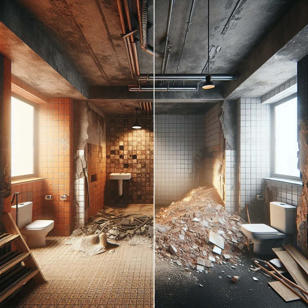 Residential demolition costs - Before and after split view of a bathroom demolition project,