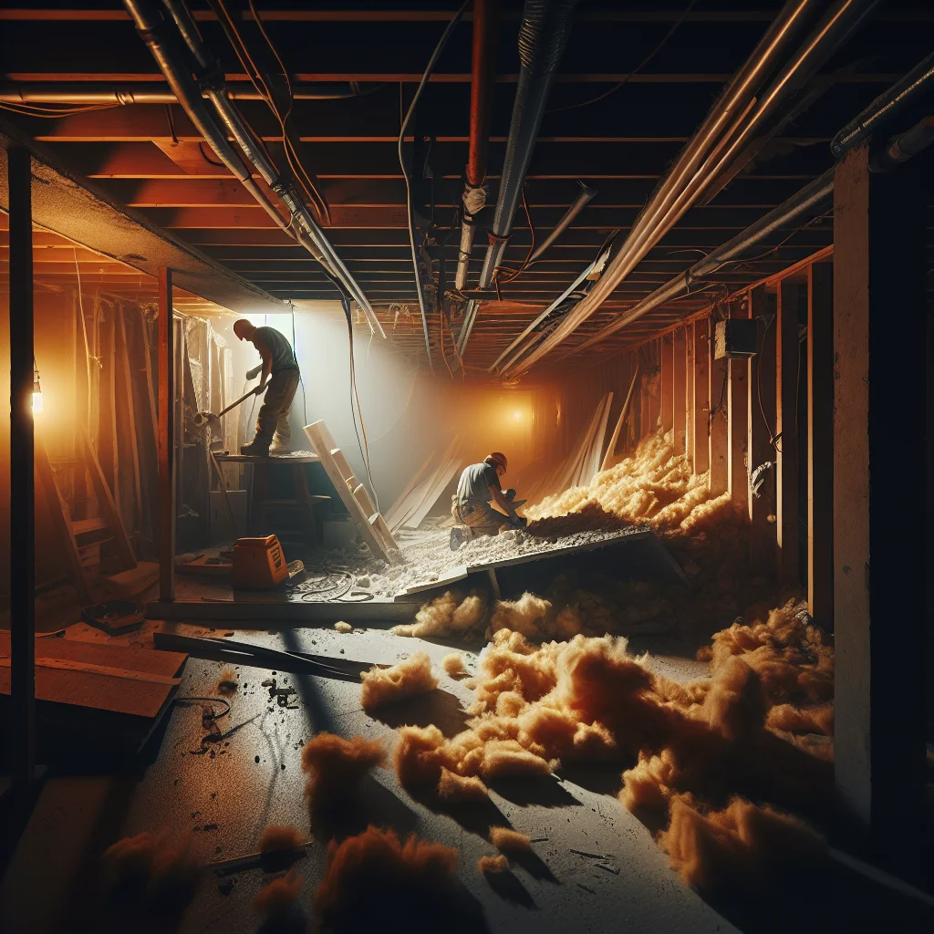 Residential demolition costs - Residential basement gut in progress, workers removing old insulation and