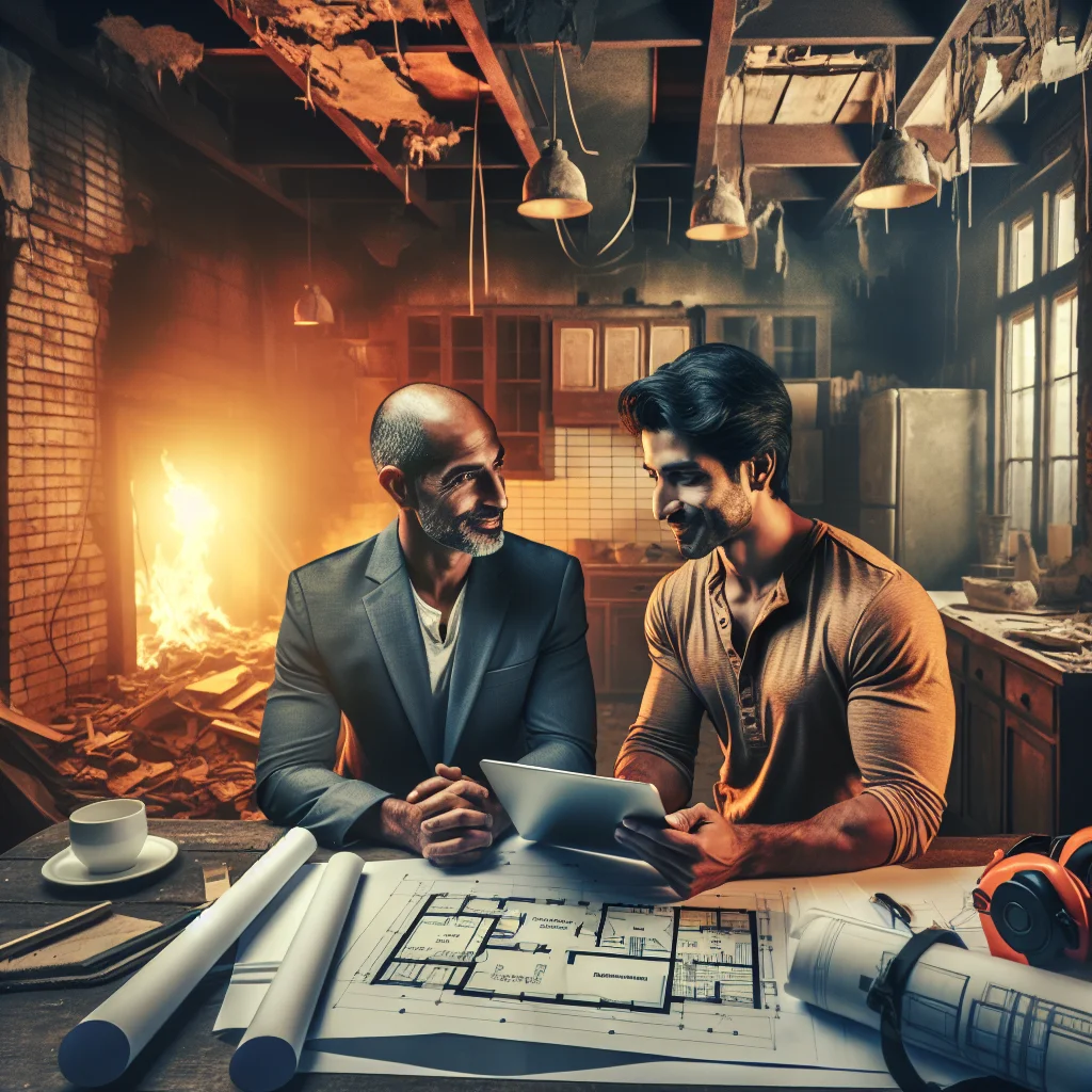 Residential demolition costs - Homeowner and demolition contractor reviewing project plans together at a