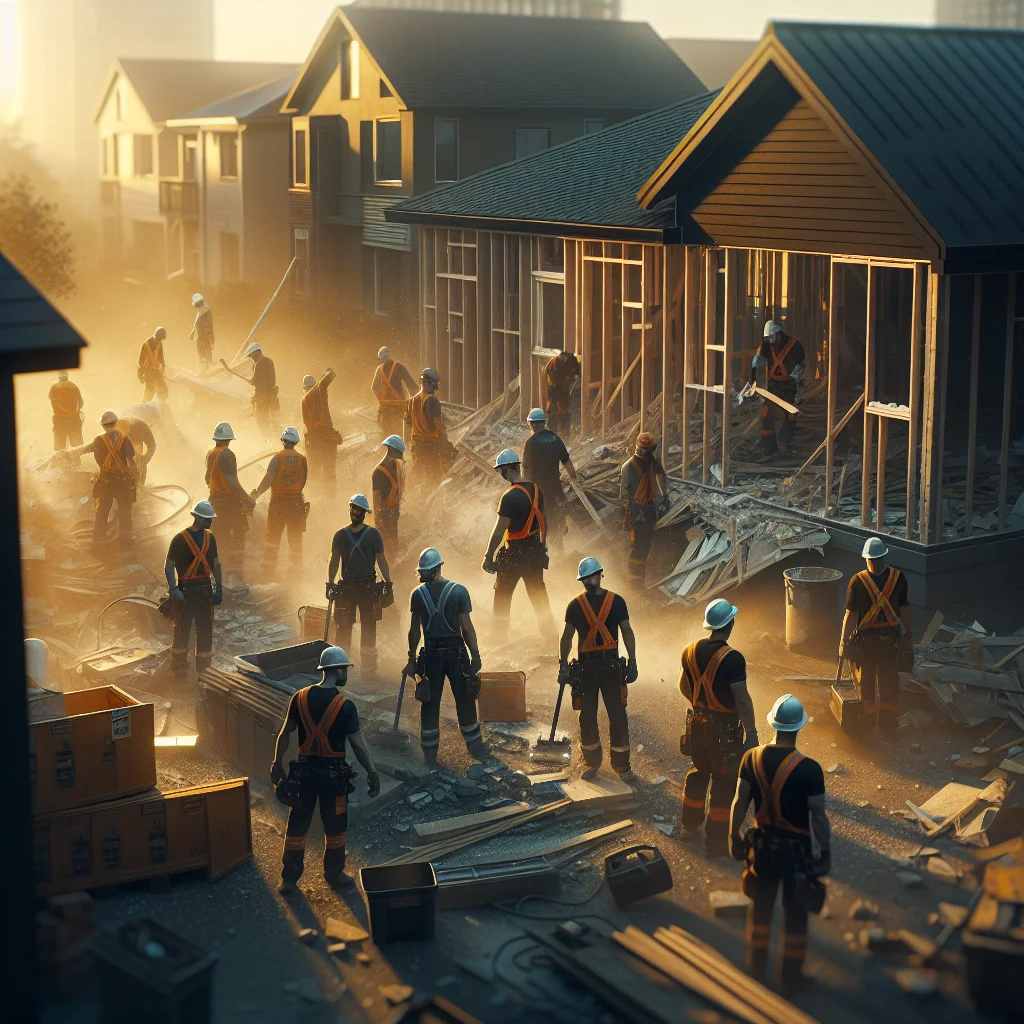 Bathroom demolition mistakes - Professional demolition crew in hard hats and safety gear at