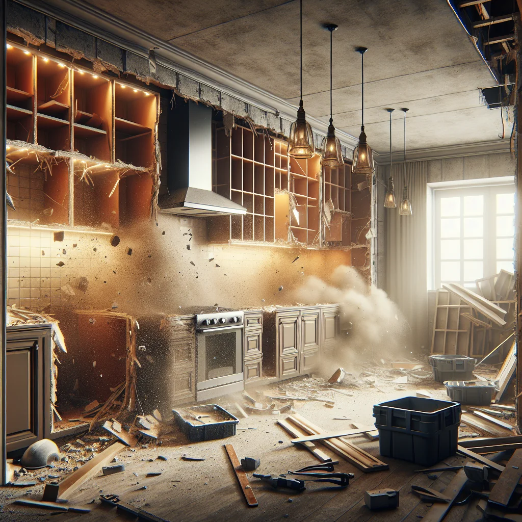 Bathroom demolition mistakes - Close-up of residential kitchen being professionally demolished, exposed studs and