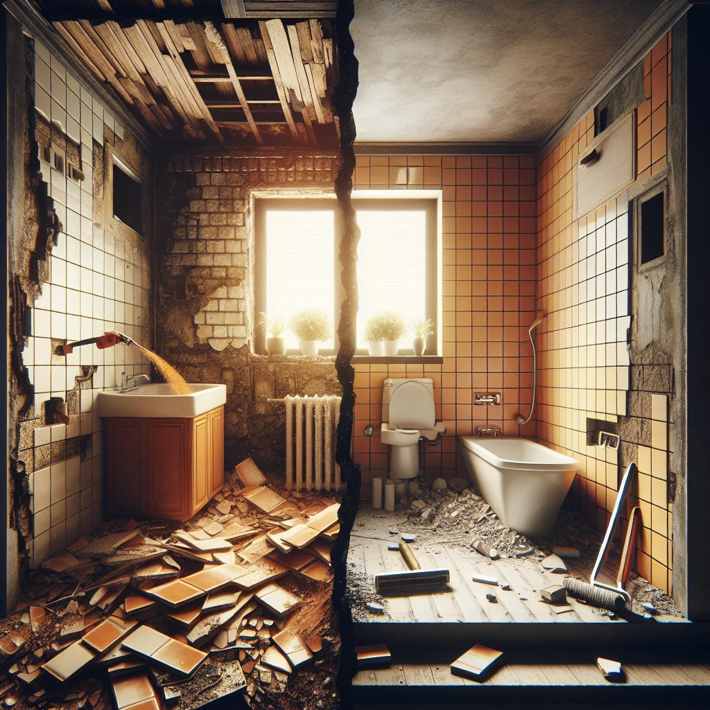 Bathroom demolition mistakes - Before and after split view of a bathroom demolition project,