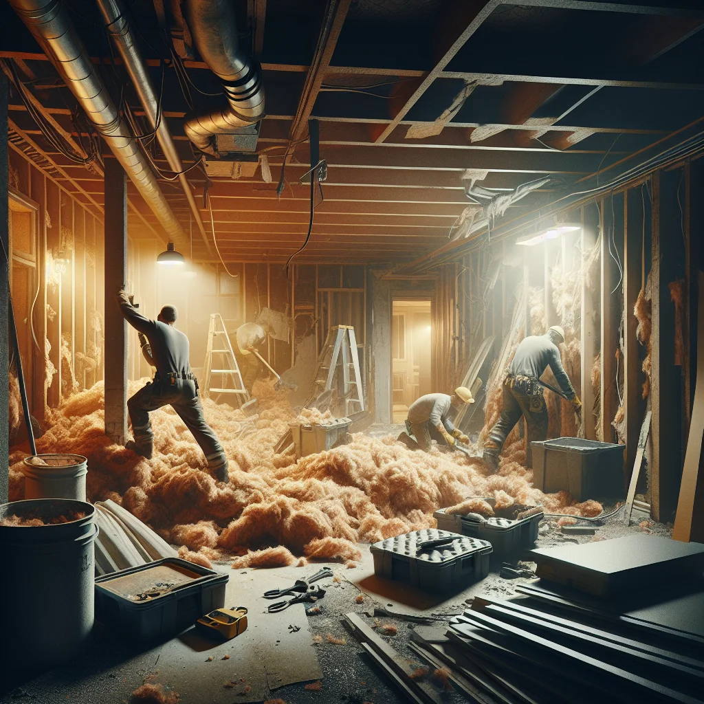 Bathroom demolition mistakes - Residential basement gut in progress, workers removing old insulation and