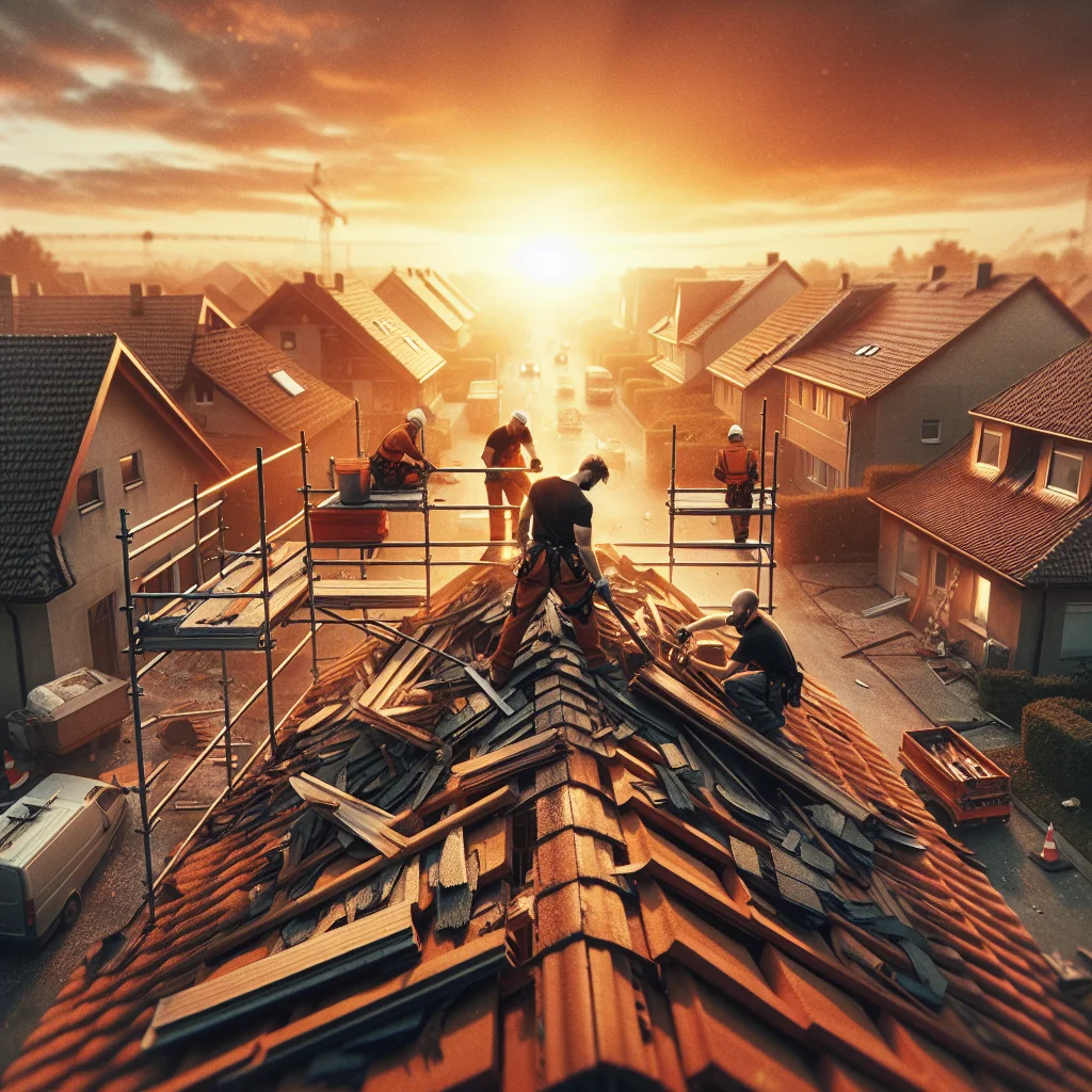 Bathroom demolition mistakes - Aerial view of a residential roof tear-off in progress, workers