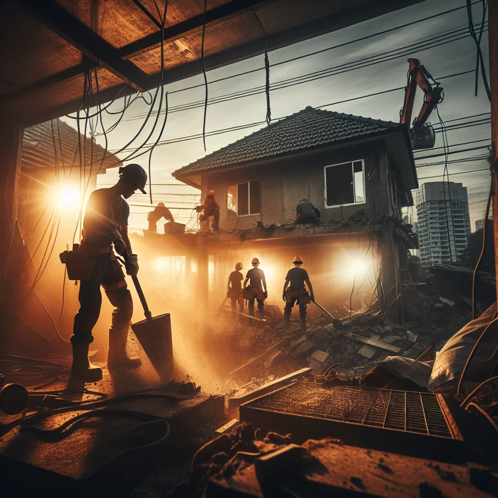 Asbestos risks bathroom tearouts - Professional demolition crew in hard hats and safety gear at