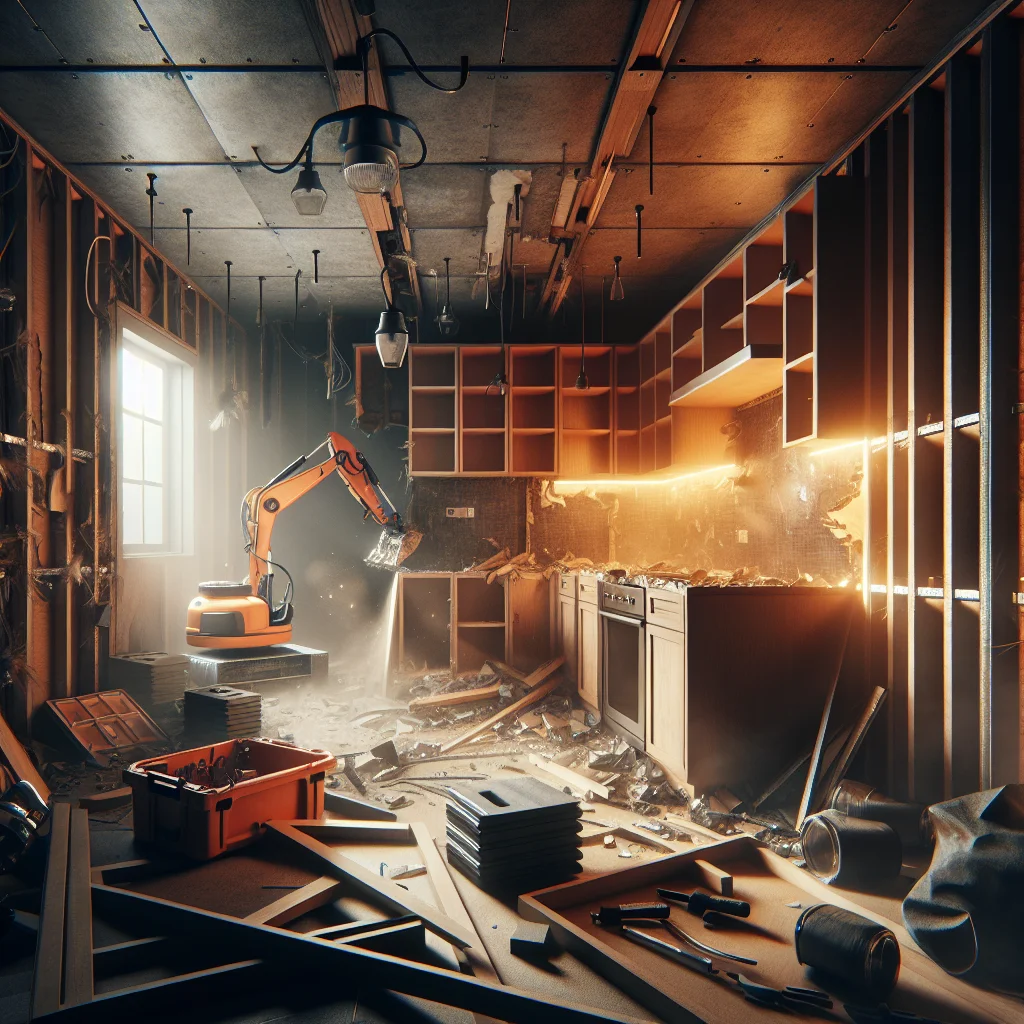 Asbestos risks bathroom tearouts - Close-up of residential kitchen being professionally demolished, exposed studs and