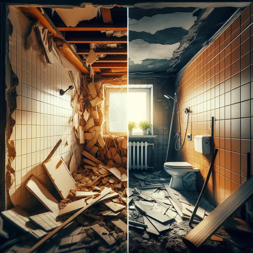 Asbestos risks bathroom tearouts - Before and after split view of a bathroom demolition project,