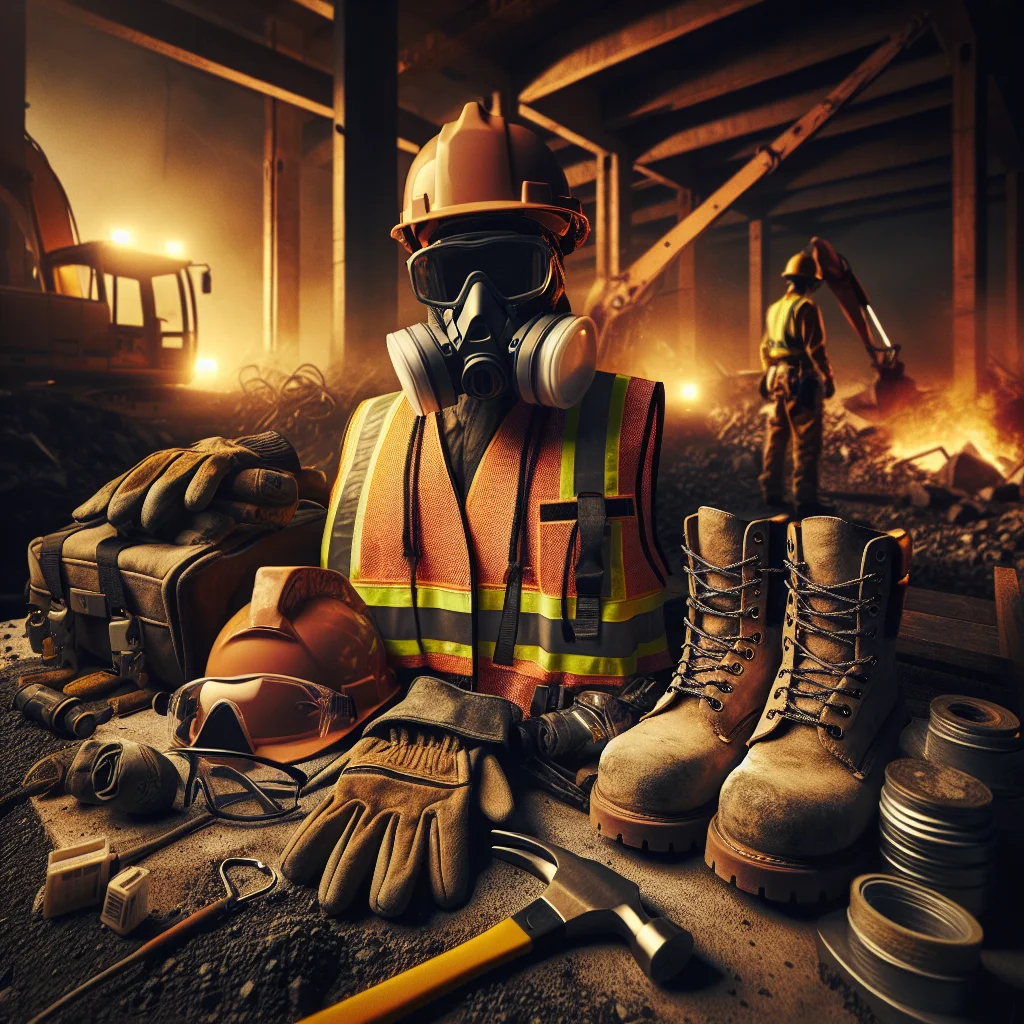 Asbestos risks bathroom tearouts - Demolition safety equipment laid out — hard hat, safety glasses,