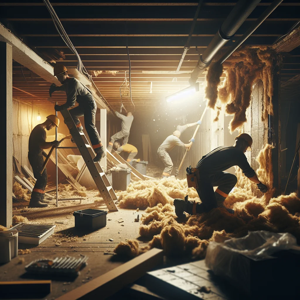 Asbestos risks bathroom tearouts - Residential basement gut in progress, workers removing old insulation and