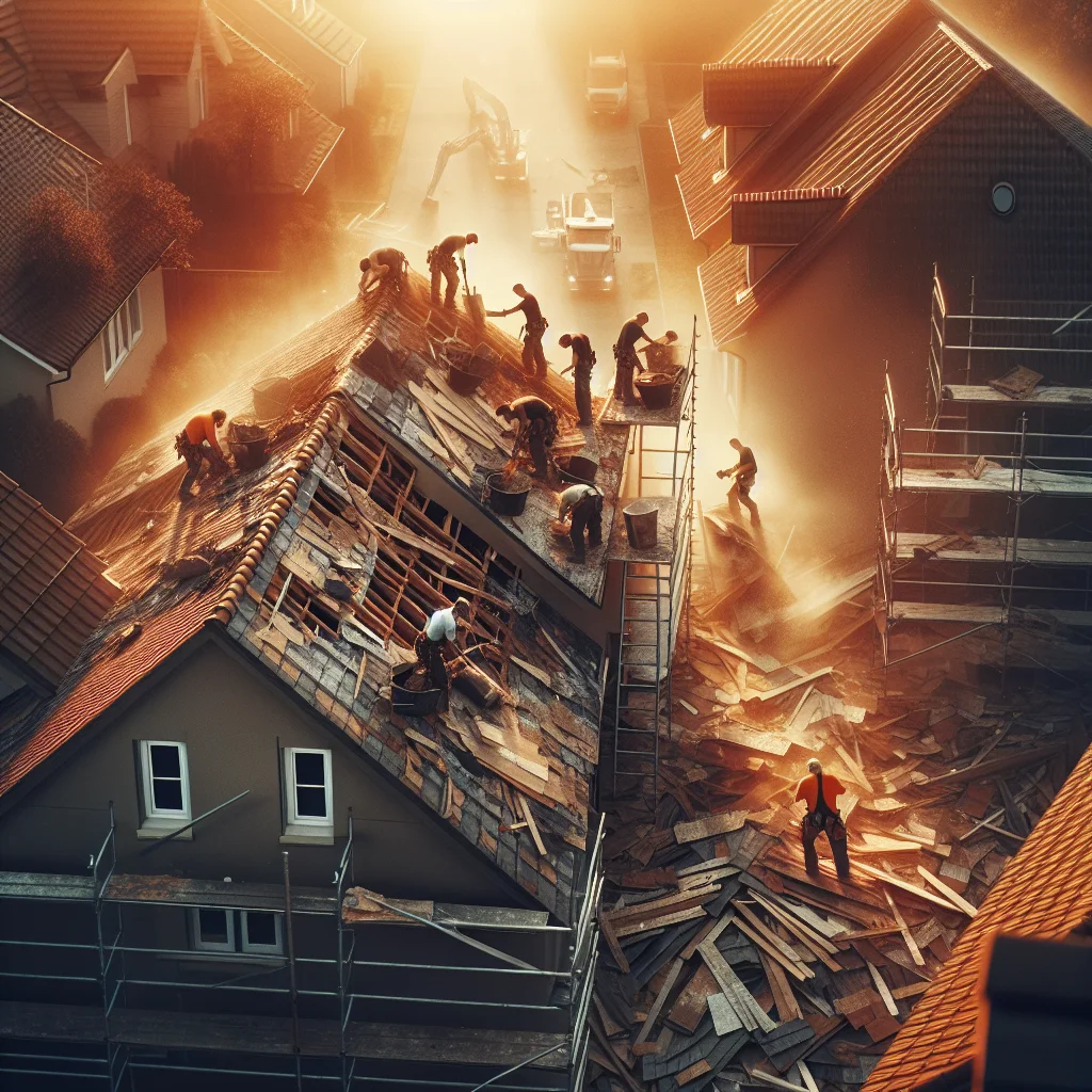 Asbestos risks bathroom tearouts - Aerial view of a residential roof tear-off in progress, workers