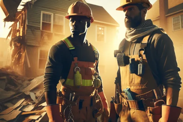 Full house demo - Professional demolition crew in hard hats and safety gear at