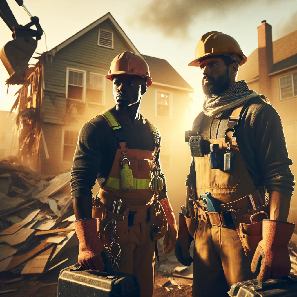 Full house demo - Professional demolition crew in hard hats and safety gear at