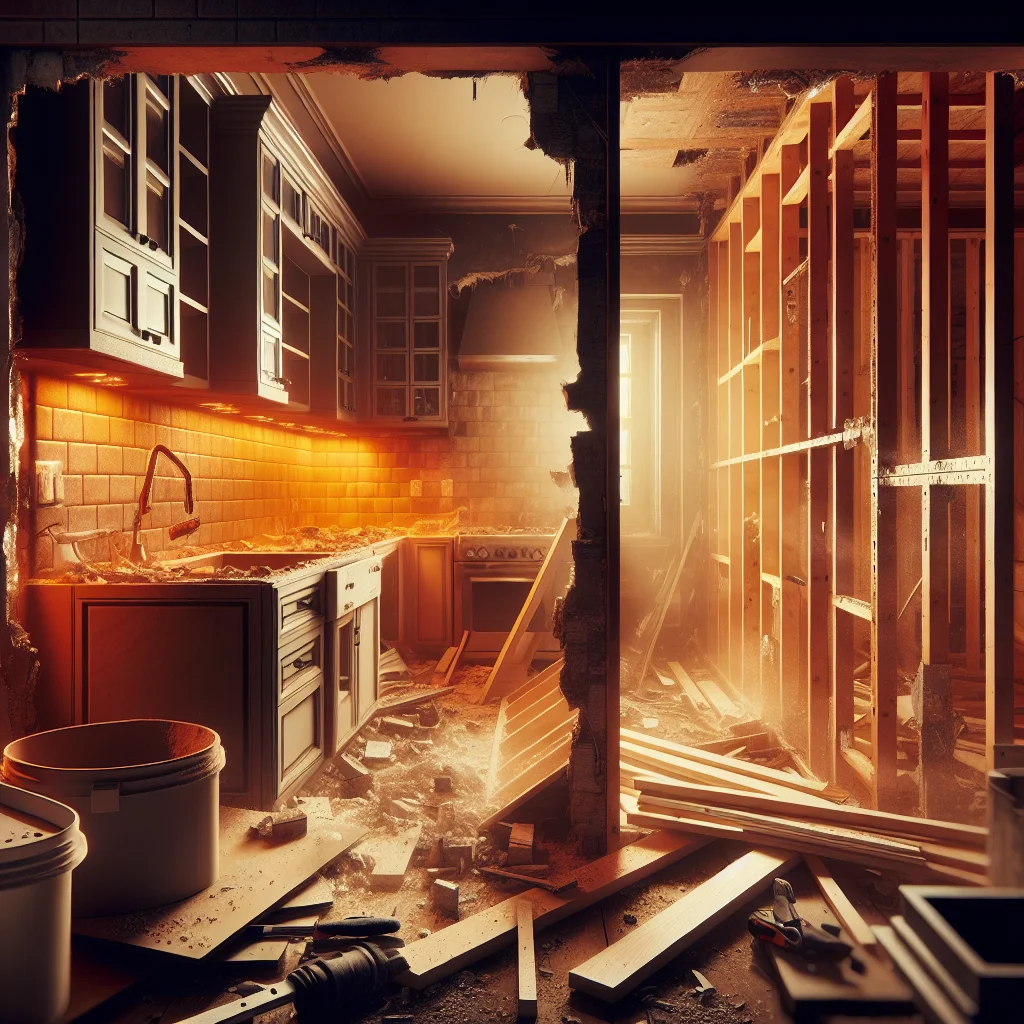 Full house demo - Close-up of residential kitchen being professionally demolished, exposed studs and