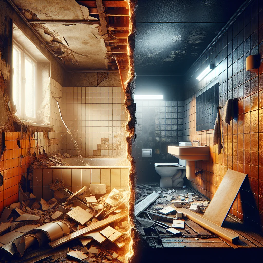 Full house demo - Before and after split view of a bathroom demolition project,