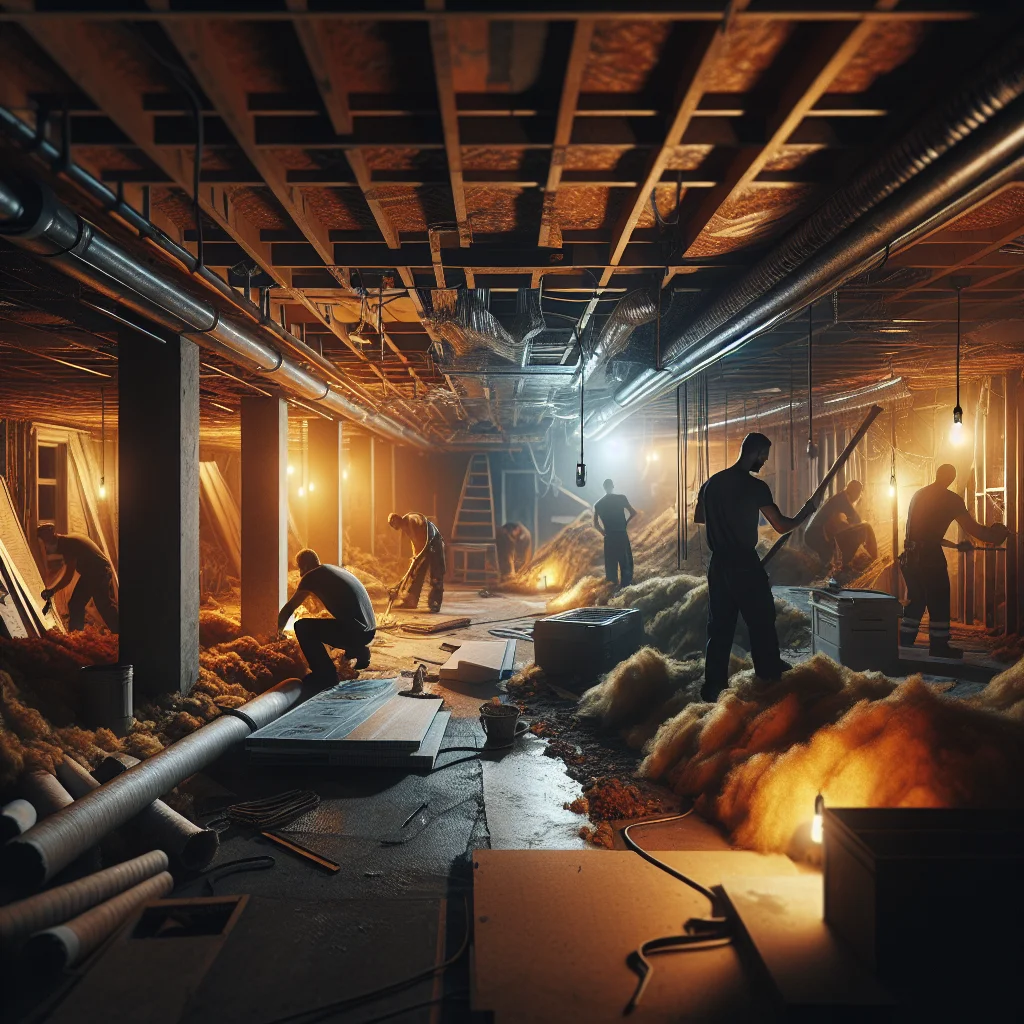 Full house demo - Residential basement gut in progress, workers removing old insulation and