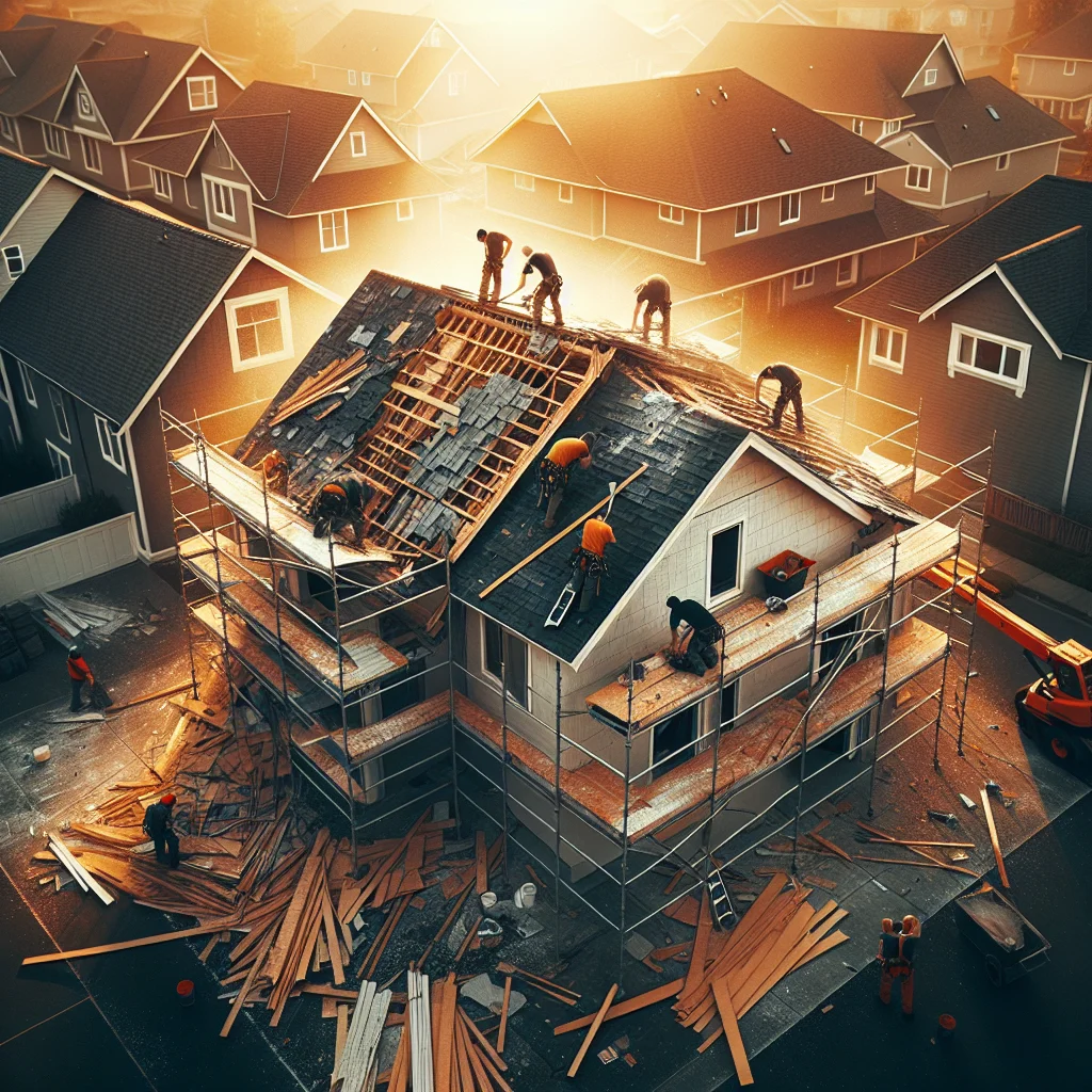 Full house demo - Aerial view of a residential roof tear-off in progress, workers