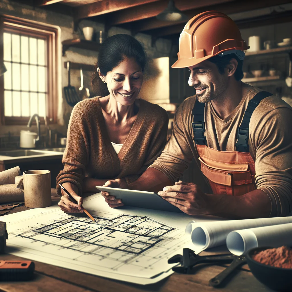 Full house demo - Homeowner and demolition contractor reviewing project plans together at a