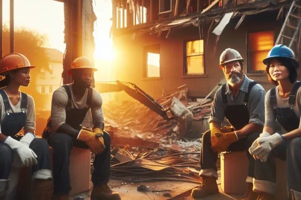 Hazard identification - Professional demolition crew in hard hats and safety gear at