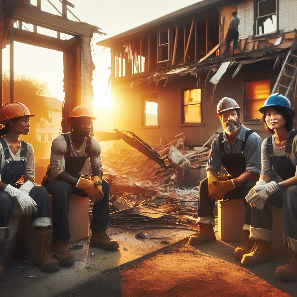 Hazard identification - Professional demolition crew in hard hats and safety gear at