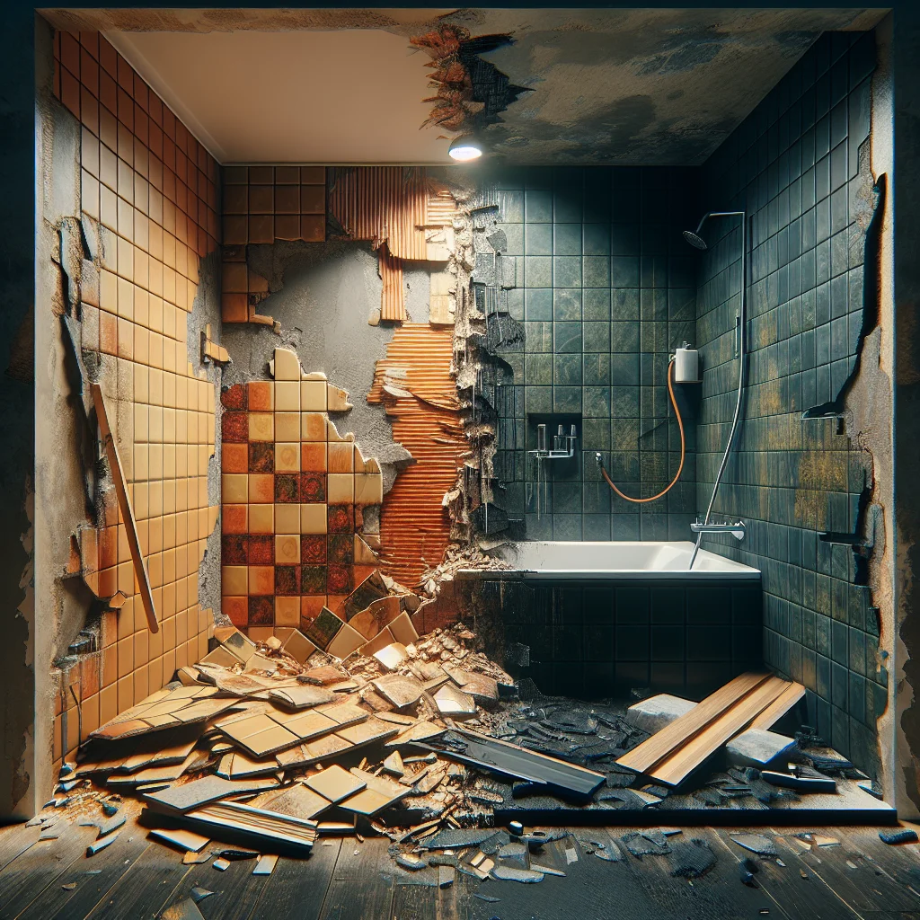 Hazard identification - Before and after split view of a bathroom demolition project,