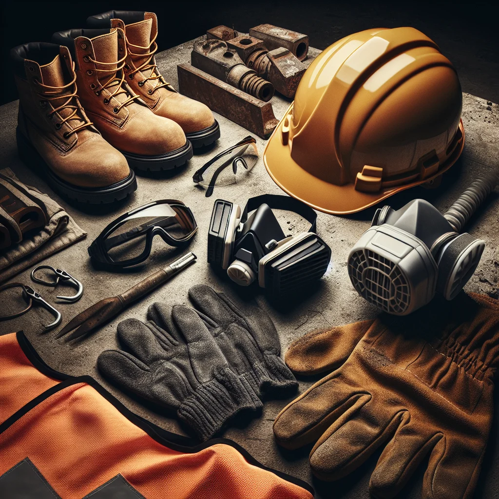 Hazard identification - Demolition safety equipment laid out — hard hat, safety glasses,